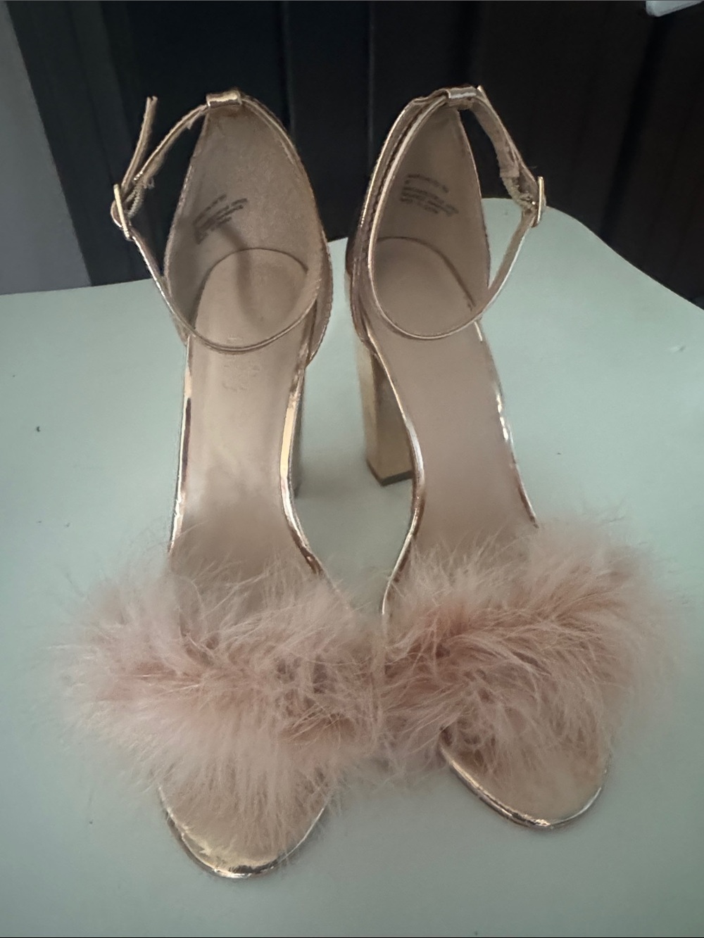 Charlotte Russe Gold Feather Slide Block Heels